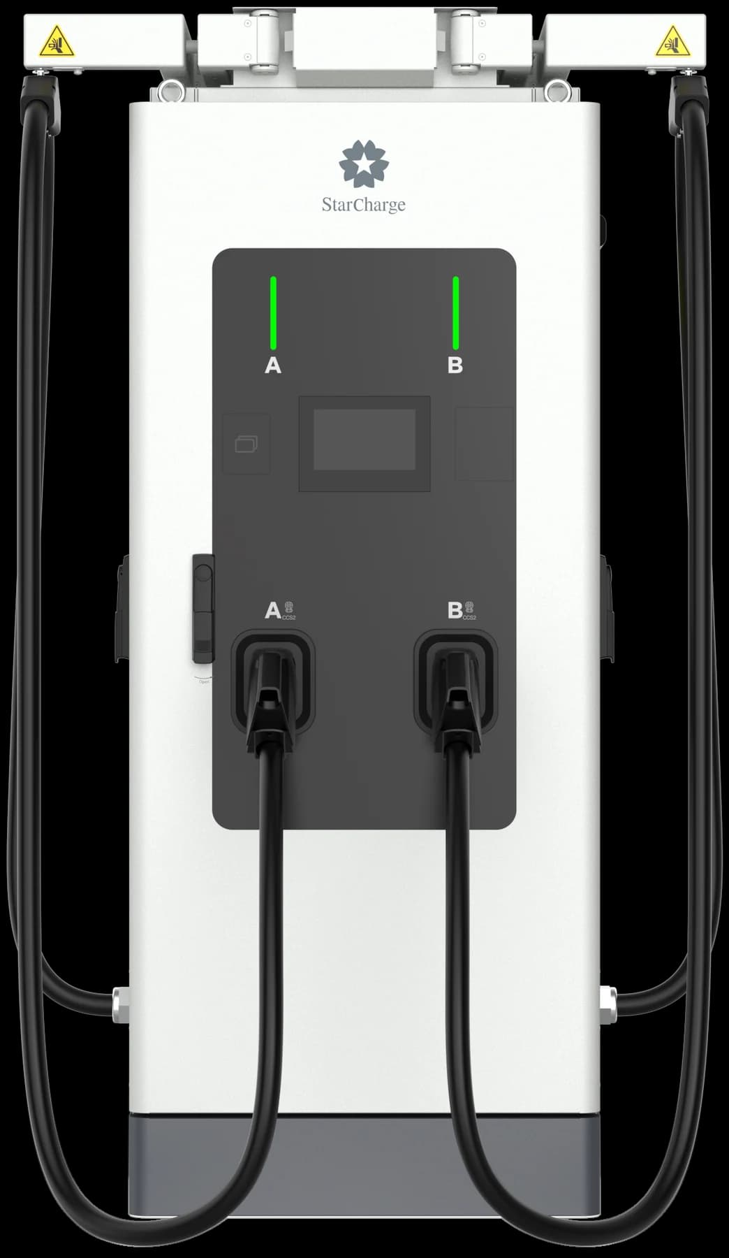 A StarCharge Jupiter DC charger, straight on, with its two cables
