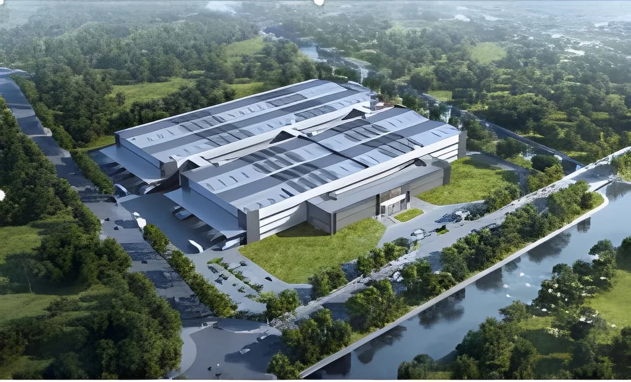 Aerial render of the Yancheng plant beside a canal