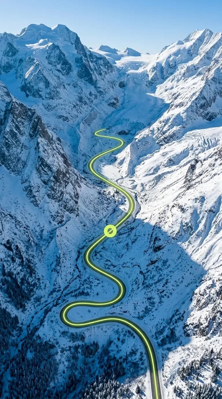 Stand-in: an aerial view of a road winding up a snow-covered mountain valley