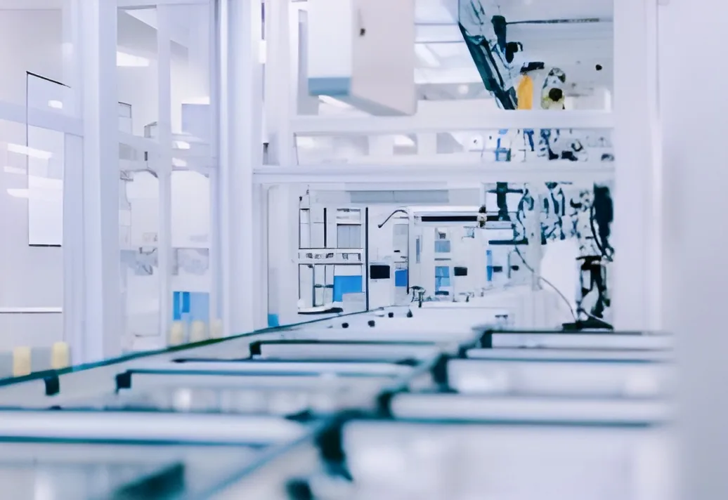 A long assembly line under bright lights