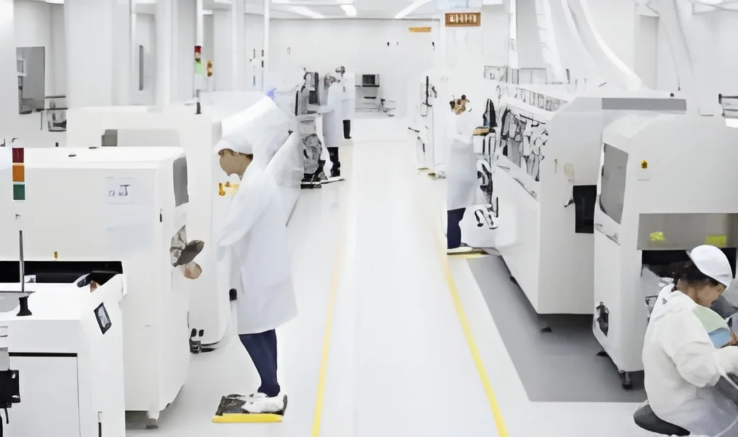 Technicians in white coats working at a line of machines
