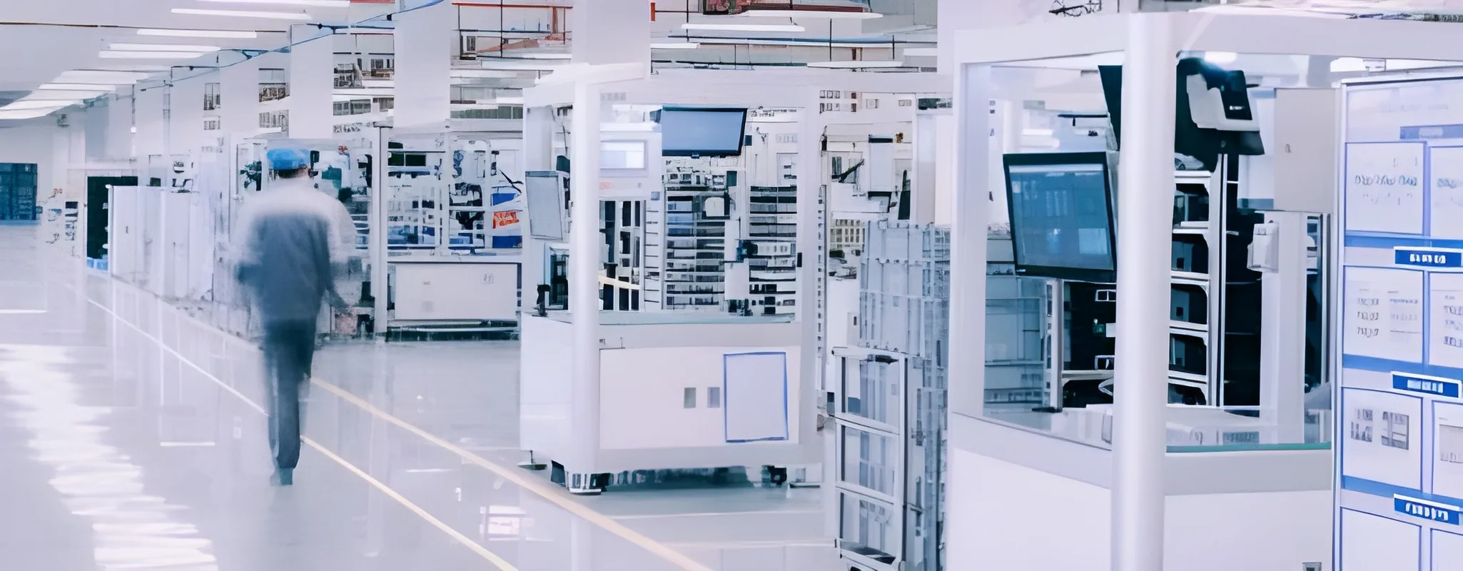 A worker walking past automated stations on the factory floor
