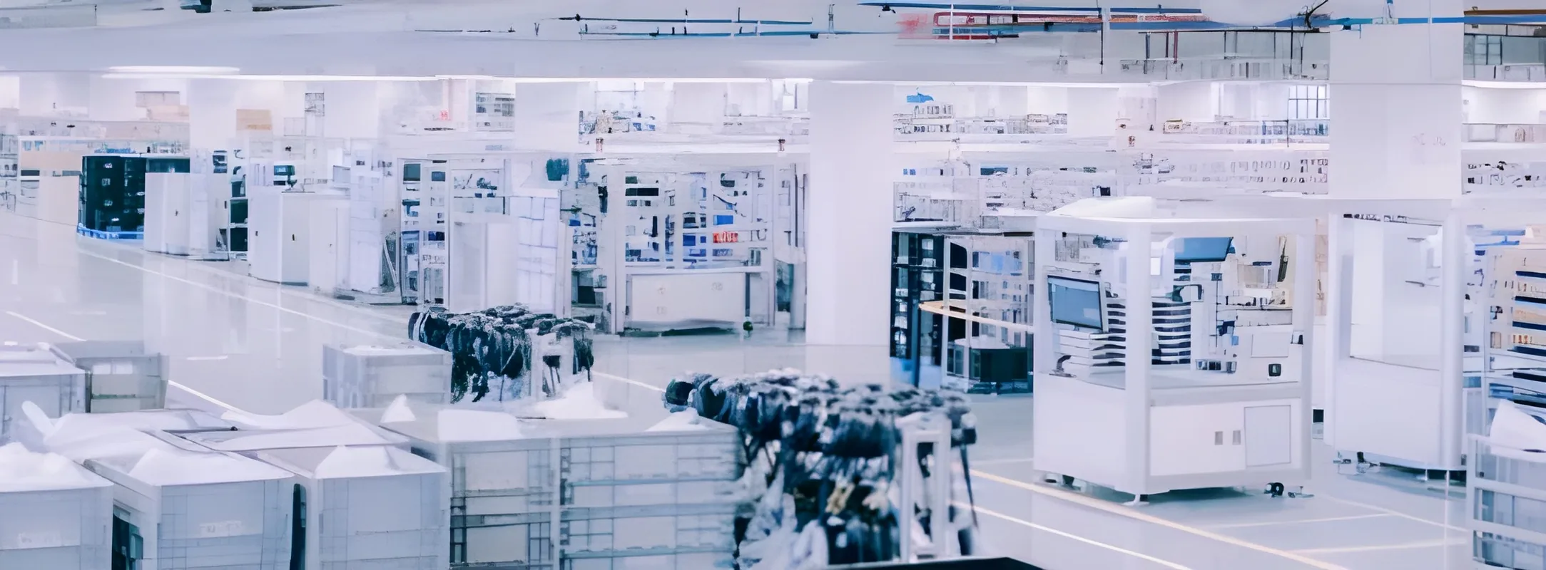 A wide production hall with rows of assembly stations