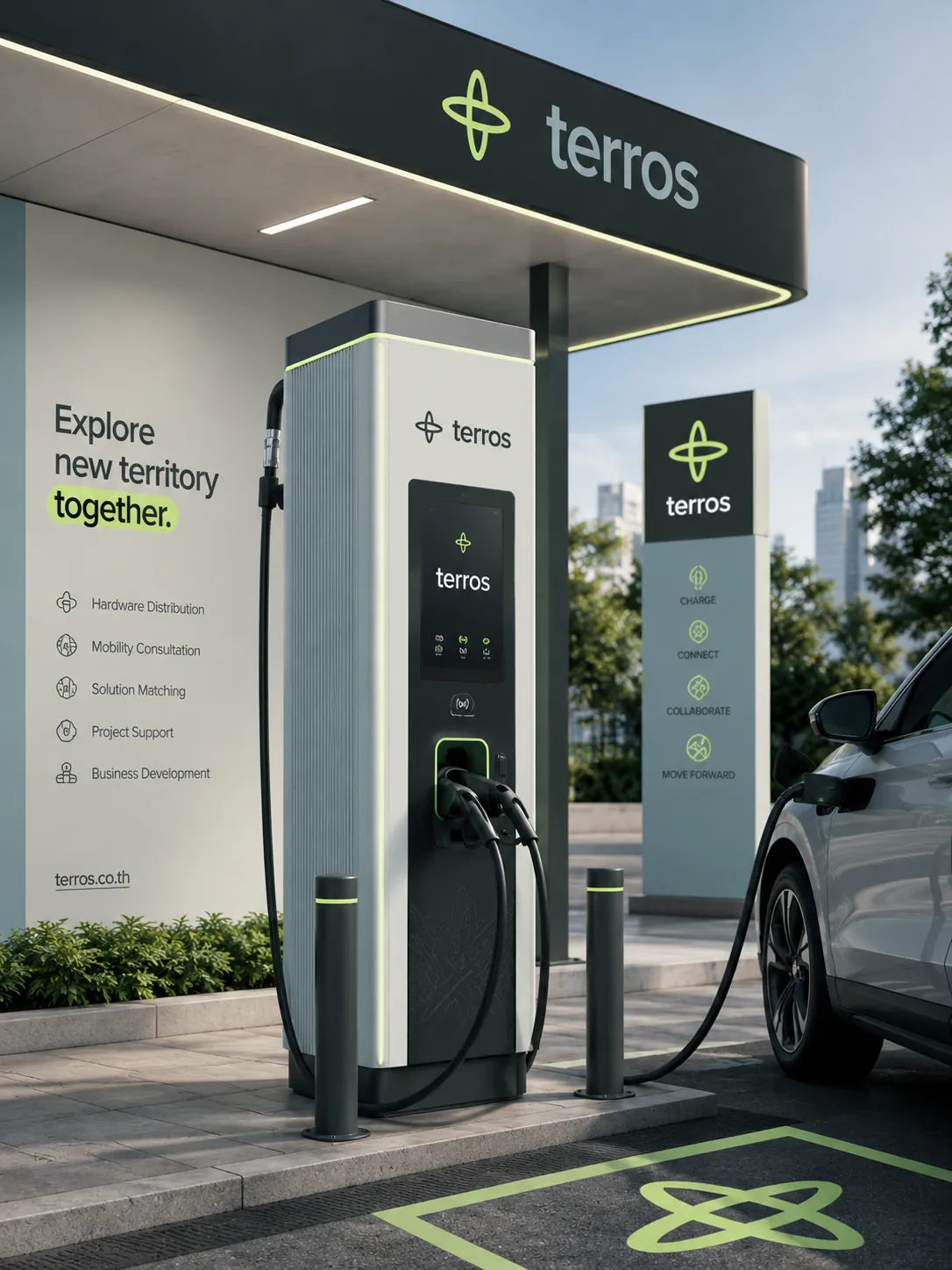 Concept render of a Terros DC charger plugged into a white car